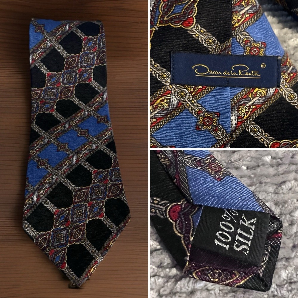 Vintage Oscar de la Renta Blue Black Ornate Geometric Neck Tie 80s (t7)